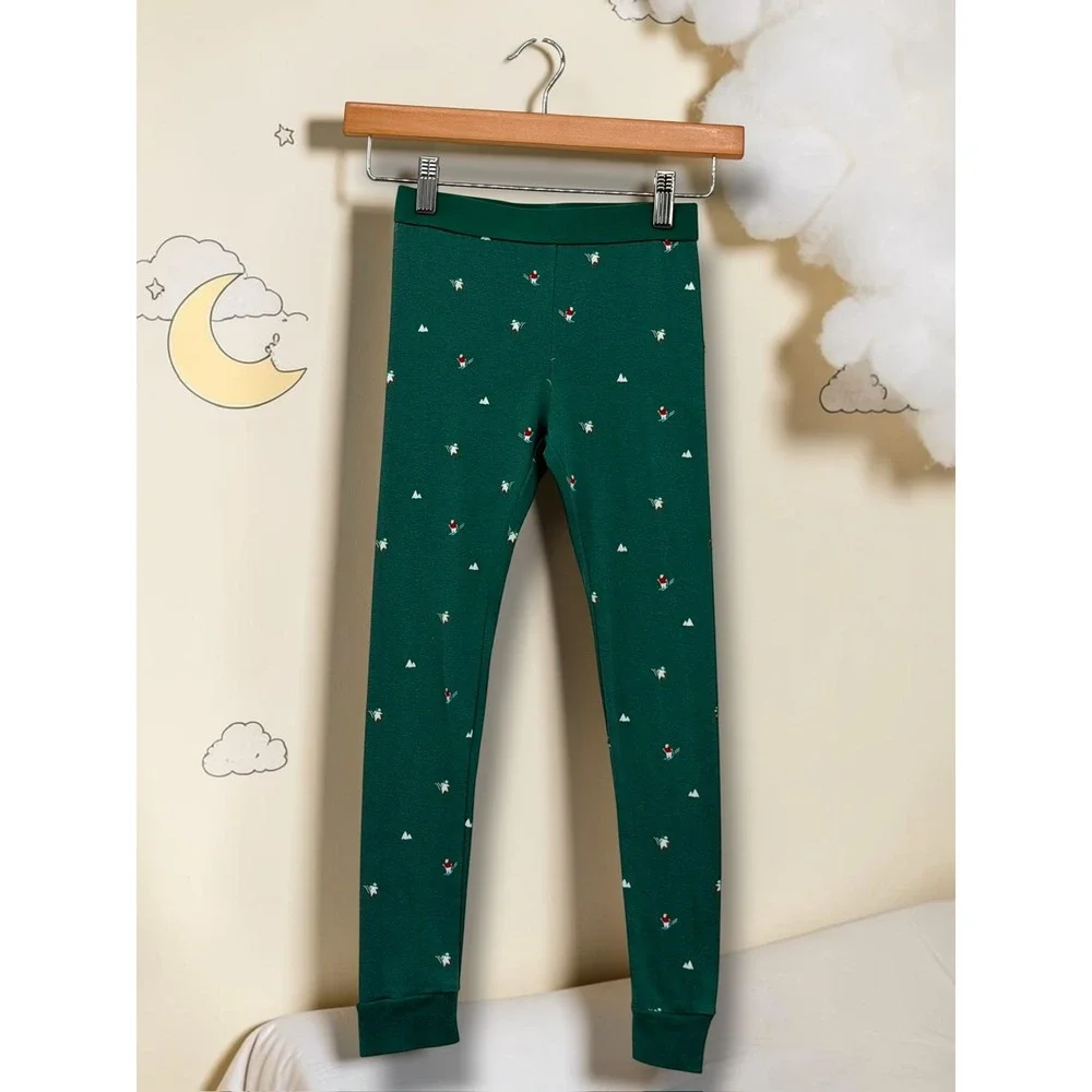 Kids Winter Skier Mountain Print Forest Green Pajama Set Loungewear
